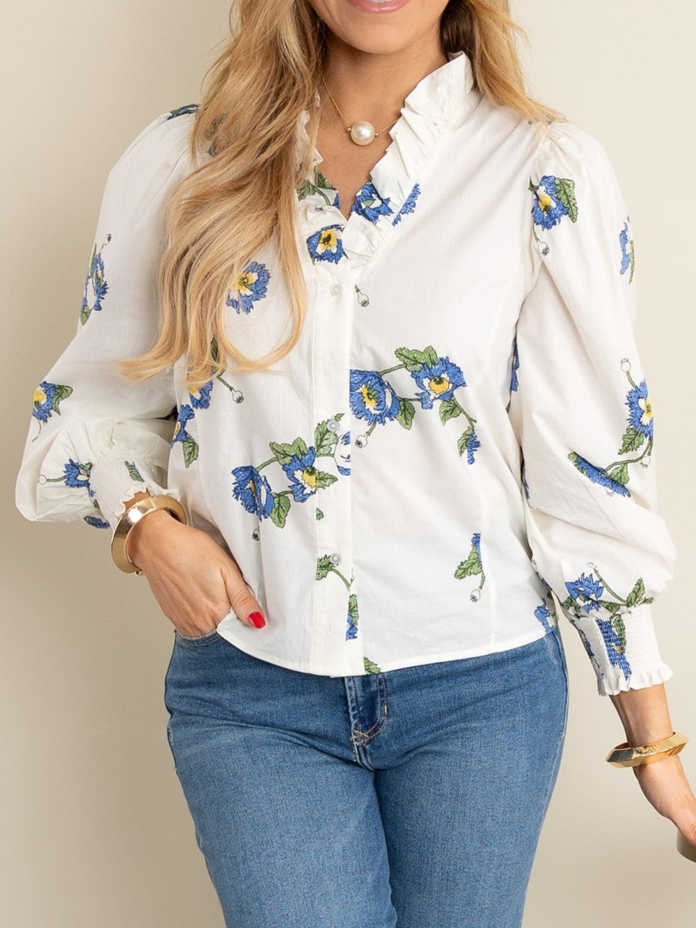 NWT Sienna Floral Ivory Long Sleeve Top size S 100% cotton floral ruffle collar